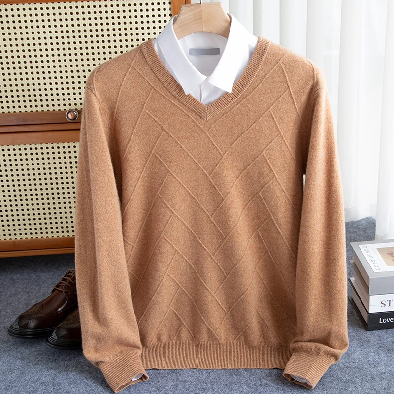 Autumn Winter 100% Wool Sweater Men's V-Neck Loose Fitting Pullover Long Sleeved Cashmere Sweater Jacquard Plus Size Solid Color