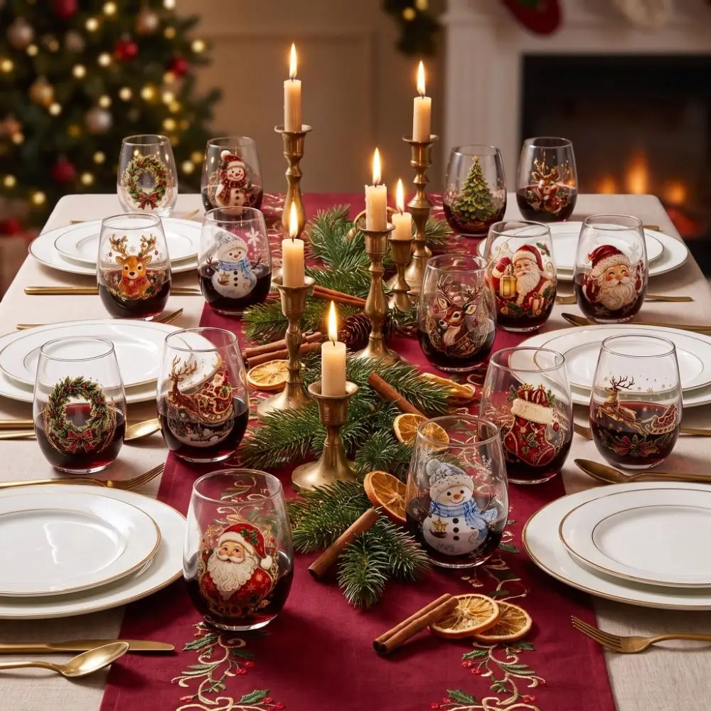 Art Cup Santa Claus Christmas Wine Glass Snowman Tree Xmas Glass Cup Printed Reindeer 2D Patten Glassware Christmas Dinner