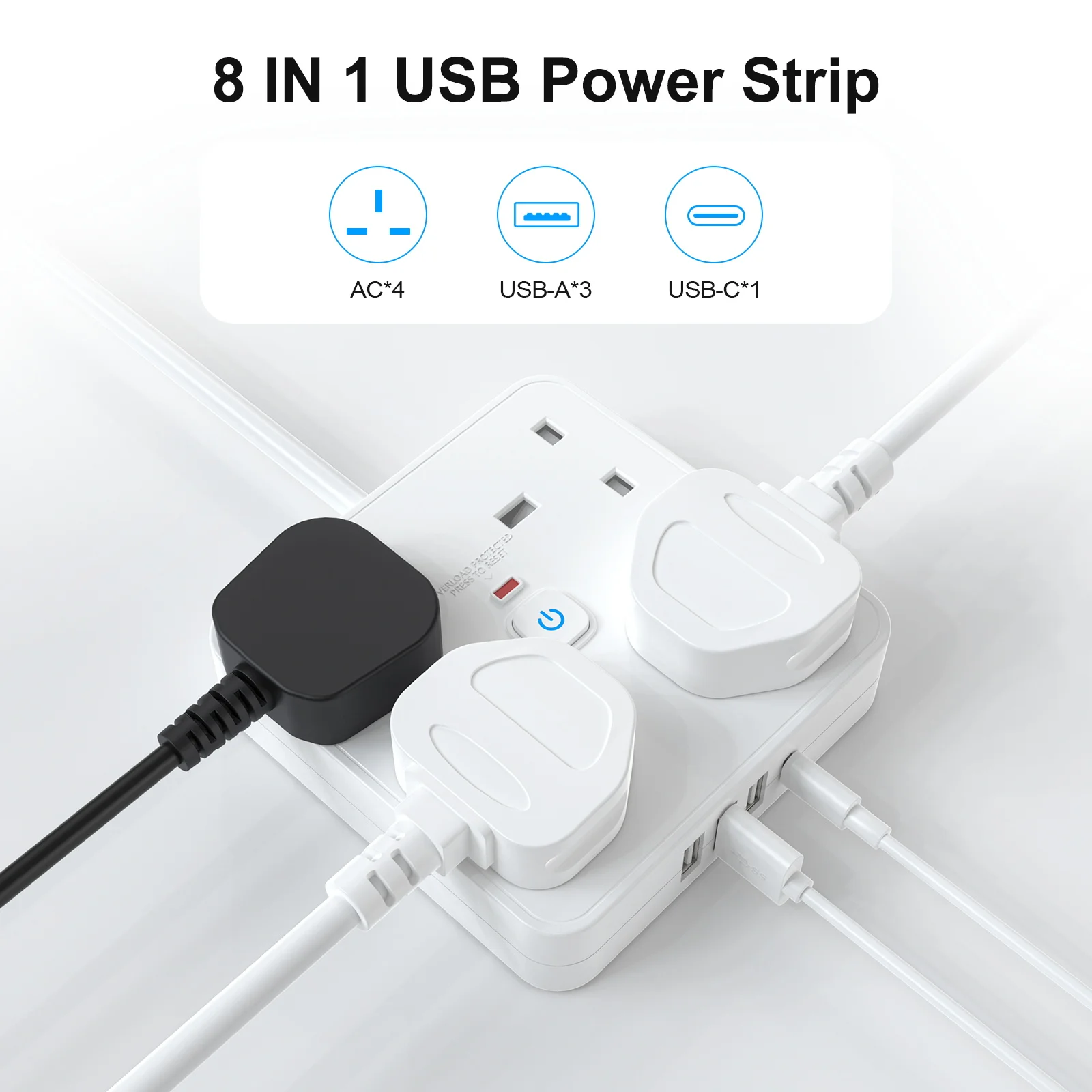 UK Plug Power strip Expansion socket with 4 AC sockets 3 USB and 1 Type C port 1.8m extension cord for home office dorms