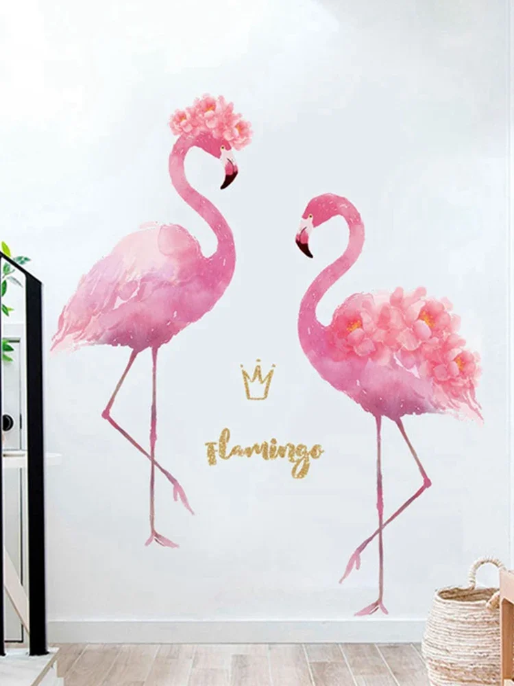 2 Pink Flamingo Feather Wall Stickers DIY Birds Animals Wall Decals for Kids Rooms Baby Bedroom Nursery Home Decoration