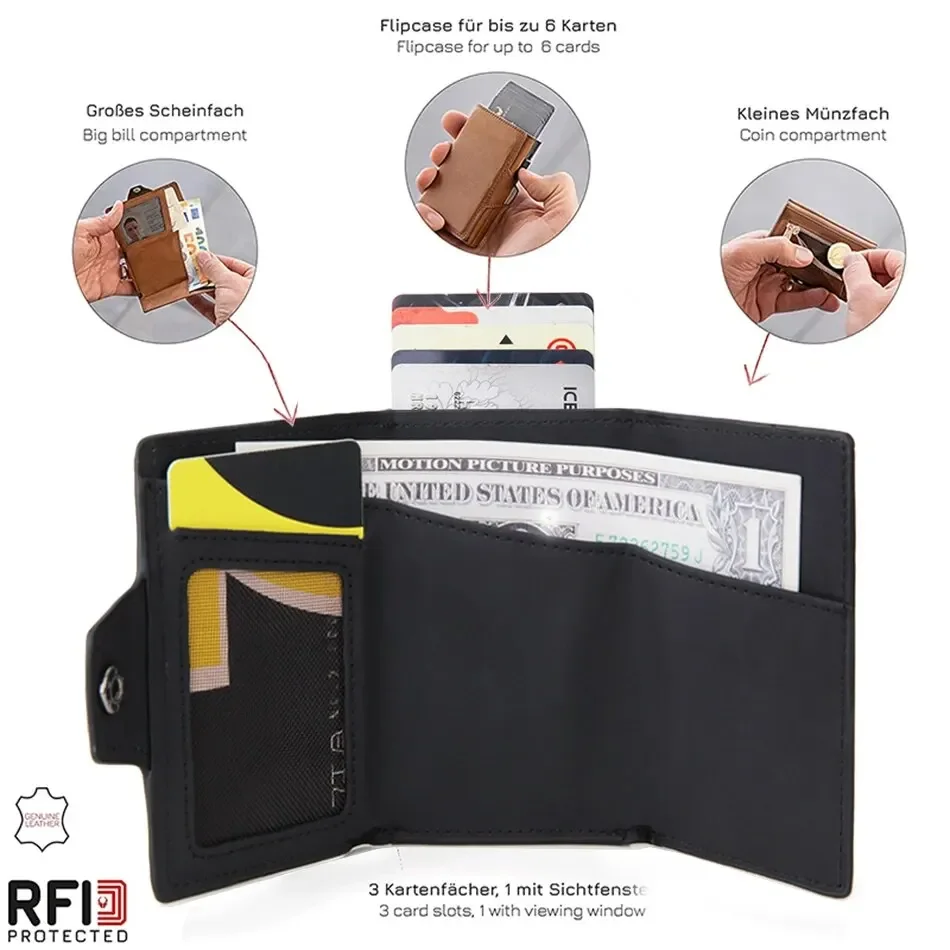 RFID-Pop-Up-Geldklammer für Herren mit externem Reißverschlussfach, großes, faltbares Portemonnaie für Geschäftsreisen und den täglichen Gebrauch – Detail 4