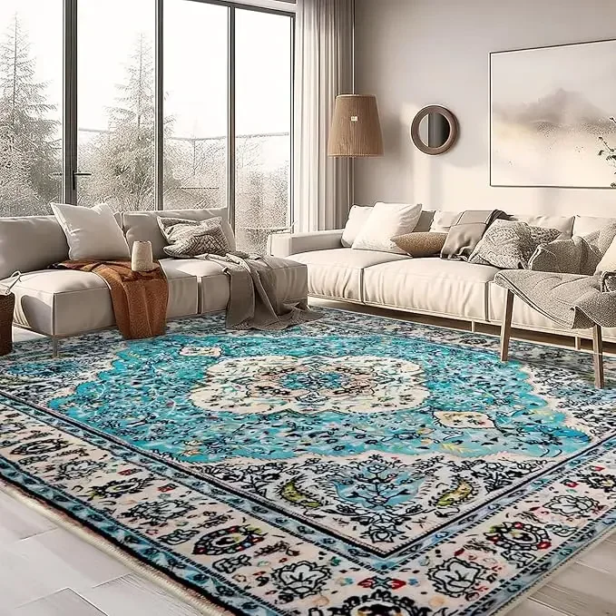 Large Black and White Distressed Persian Style Area Rug for Living Room Sofa Seating Area Decor