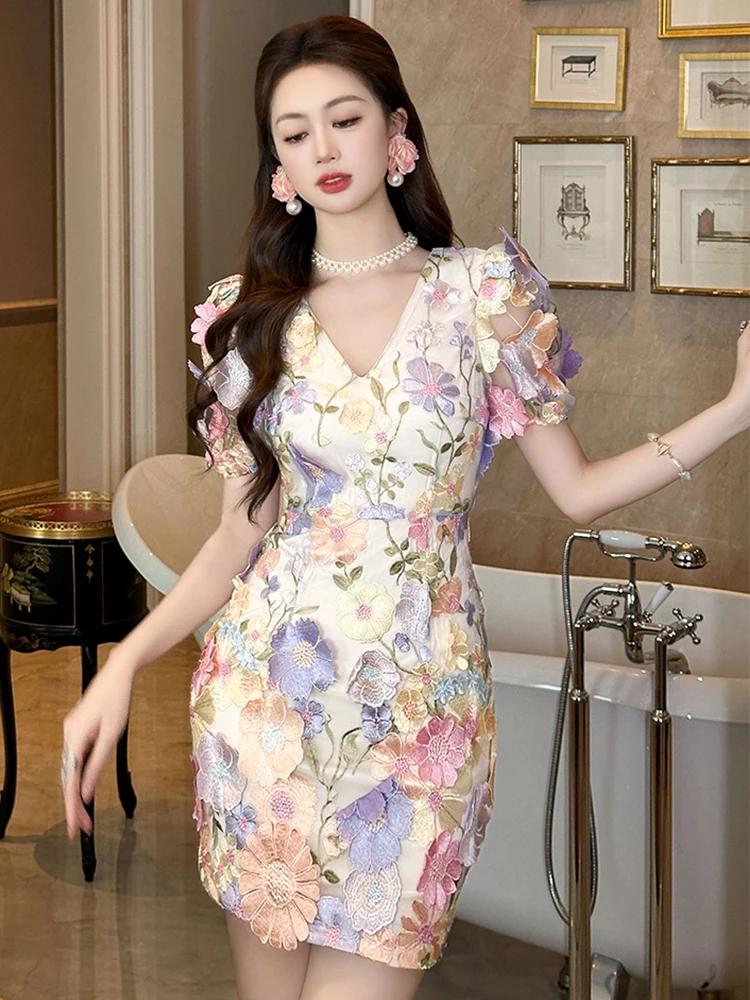 Summer Sweet Floral Evening Dress Women Clothes Mujer Elegant Chic Sexy Puff Sleeve Slim Vacation Holiday Party Birthday Vestido