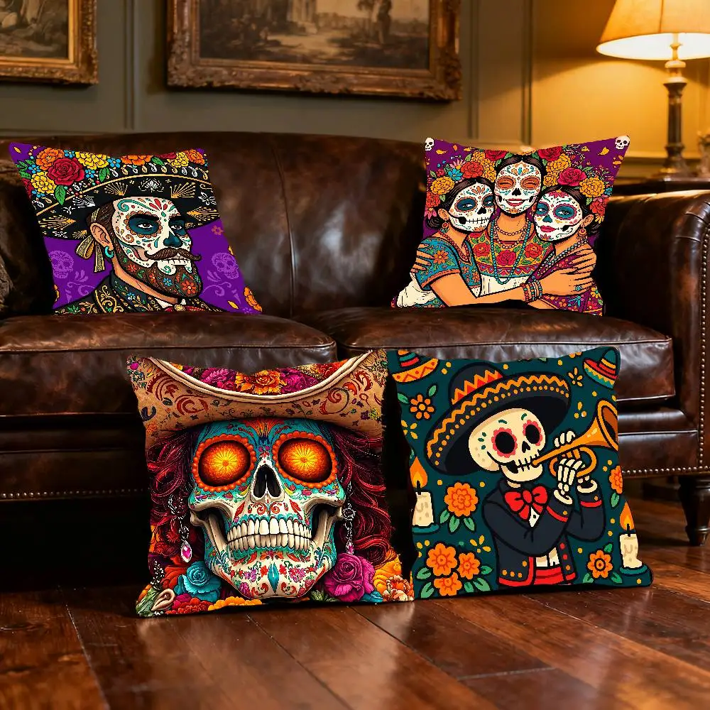 Vibrant Day Of The Dead Dancing Skeleton Pillow Case Throw Nordic Vintage Style Cushion Covers Home Living Room Sofa Seat Decor