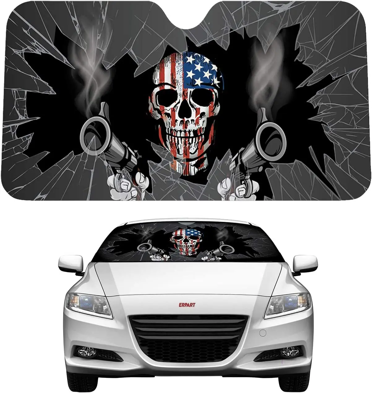

ERPART Patriot Skull Shooter Guns Reflective Double Sided Sunshade Compatible with Car Truck SUV Front Windshield Window Reversi