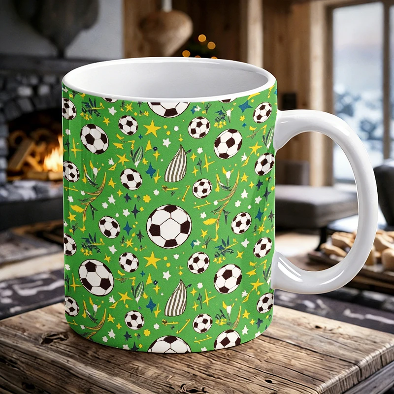 Green Soccer All Over Print Coffee Mug, Cartoon Football Seamless Pattern Ceramic Water Cup,  Sport Kids Adults Drink Cup