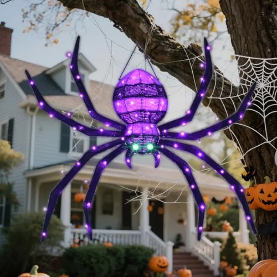 Outdoor Halloween Hanging Spider Decor: 4.2FT Wall-Climbing Black Spider with 90 LED Lights for Front Yard, Porch, Roof, Party