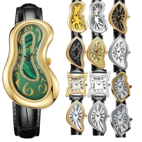 Surrealist Art Melting Clock Watch Unique Soft Time Quartz Wristwatch with Leather Band Creative Fashion Watch for Men Women