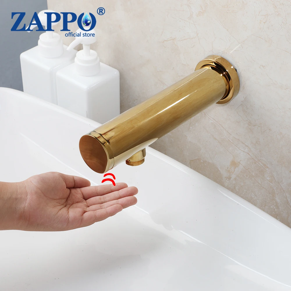 

ZAPPO Automatic Sensor Faucet Bathroom Basin Faucets Hands Free Touch Cold Water Tap Wall Mounted Brass Faucets Golden Plateded