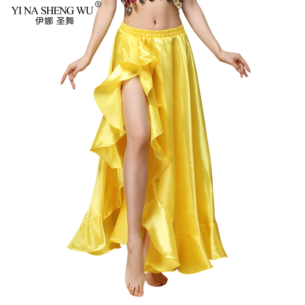 Bauchtanz Seite Ziehen Lange Satin Rock Dame Bauchtanz Röcke Frauen Sexy Orientalischen Bauchtanz Rock Professionelle 7 farben