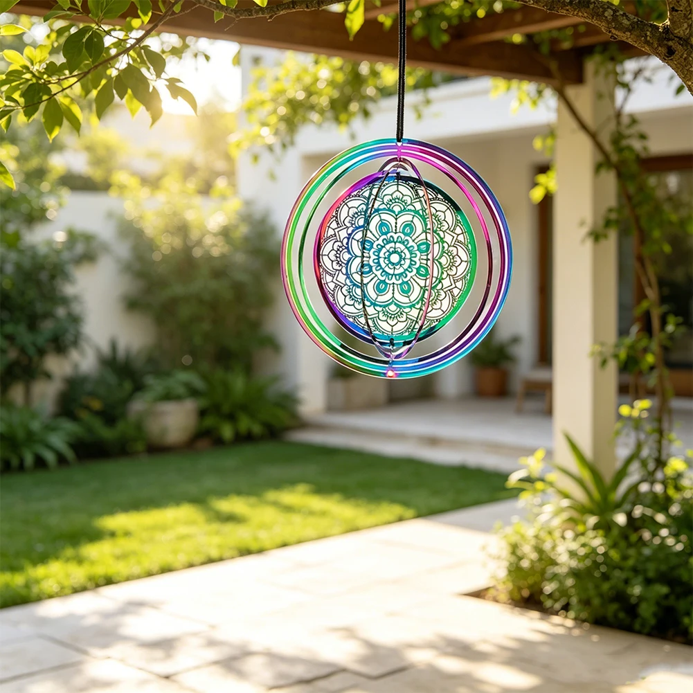 D9 Spiritual Mandala Wind Spinner Suncatcher Rainbow Circle Flowing-Light Effect Kinetic Wind Sculpture Meditation Hanging Decor
