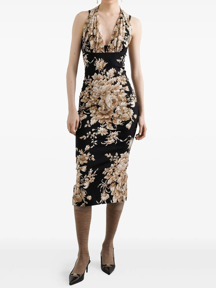 Abito longuette senza maniche con stampa floreale elegante Abiti slim fit senza maniche alla moda Abito da festa Abito da donna sexy con scollo a V