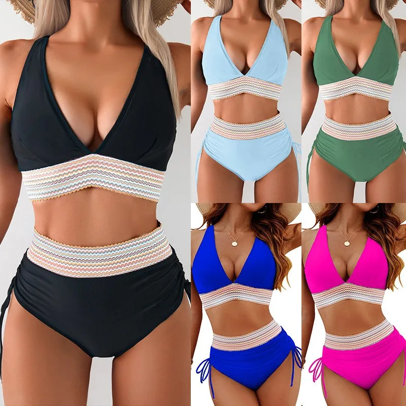 Deep V Neck Strap Sets Sexy with Bikinis Swimsuits European and American Style Sleeveless Bikini Backless Women Swimsuit