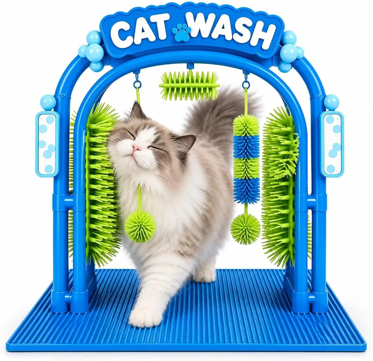 Cat Self Groomer Arch Massage Brush Scratcher with Hanging Toy Textured Base for Indoor Grooming Loose Hair Removal