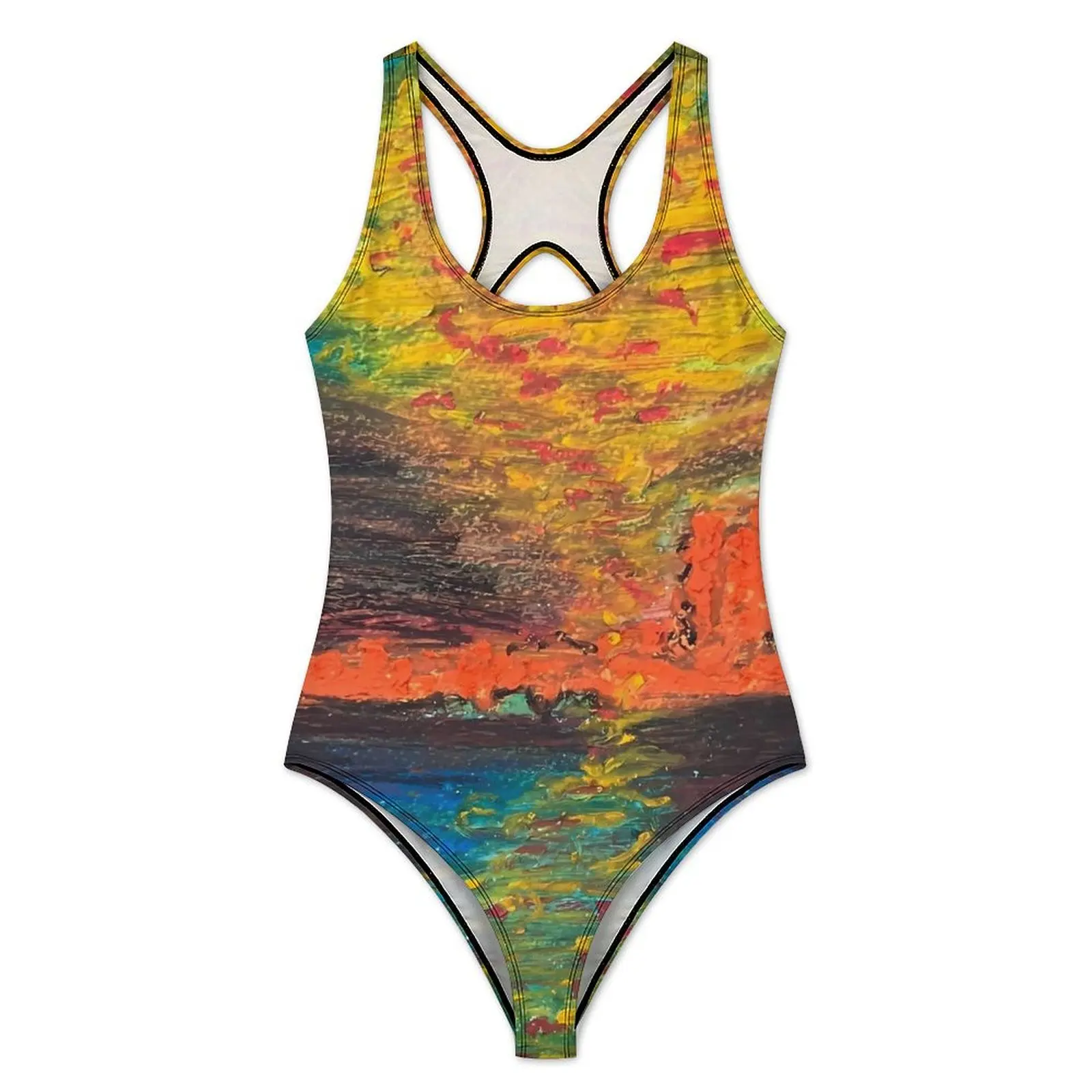 Oil Painting Swimsuit Sexy Abstract Landscape Women Swimwear One-Piece Sweet Bodysuit Sport Push Up Hollow Out Monokini