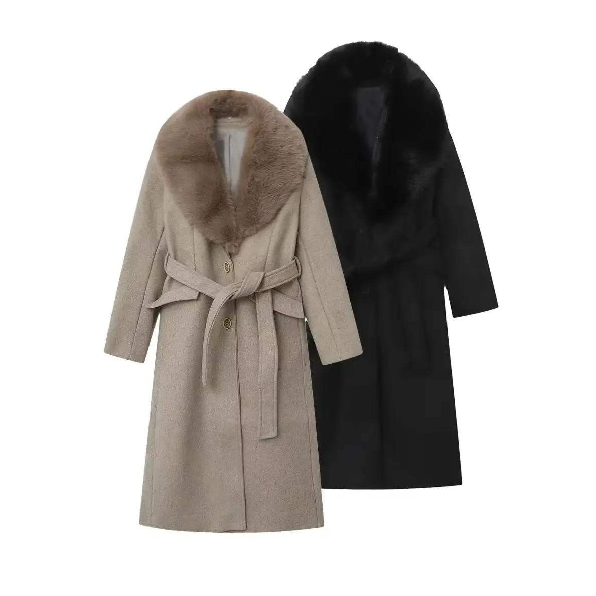 

KONDALA мода 2025 весна винтажное женское пальто с меховым воротником однотонные пояса однобортные карманы свободная повседневная верхняя женская одежда