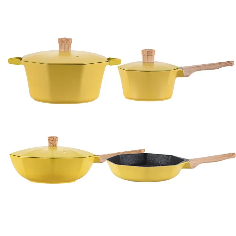 4pcs Aluminum Non-Stick Cookware Set Maifan Stone Pot Set Milk Pot Soup Pot Wok Frying Pan Set