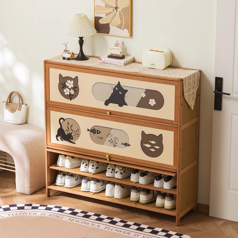 Vintage style large shoe cabinet, household large capacity storage cabinet, dust-proof bamboo shoe cabinet, widened shoe cabinet