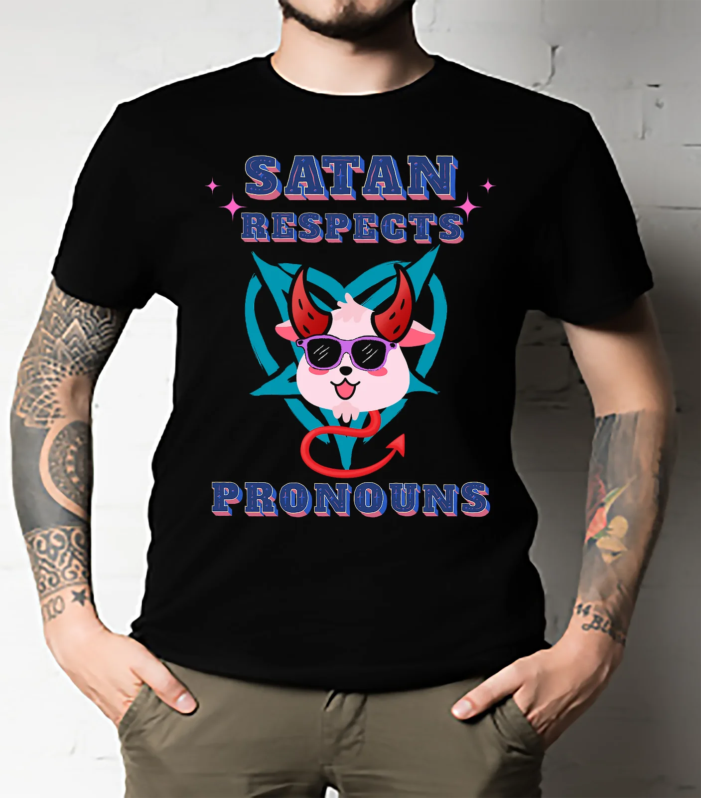 Satan Respect Pronouns Funny Skin Cute Shirt Fitted T-Shirt UNISEX ALL SIZE