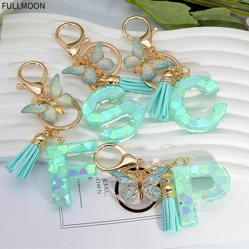 Fashion Green A-Z Initials Keychain Resin Letter Keyring with Butterfly Tassel Pendant for Women Bag Charm Car Key Accessories