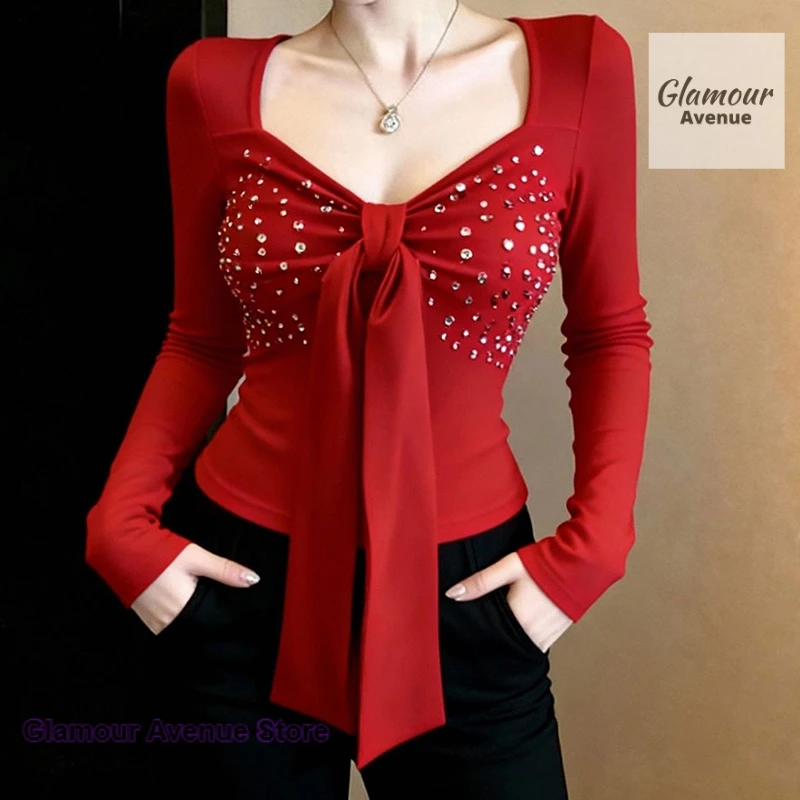 

Korean-style spice girl sexy shirt female spring and autumn new bow V-neck long-sleeved T-shirt bottoming shirt red outer coat