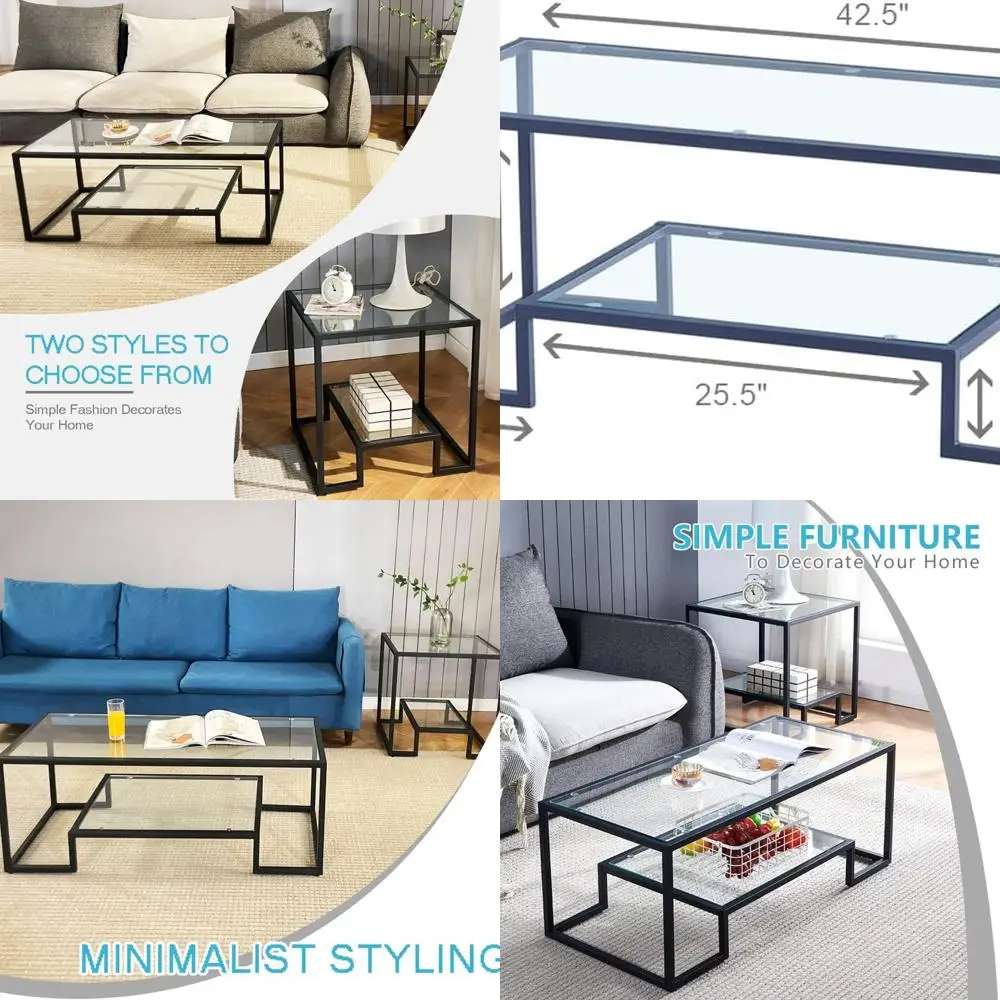 Modern Metal Frame Glass Coffee Table with 2 Shelves - Versatile Living Room, Bedroom, Dining and Office Centerpiece