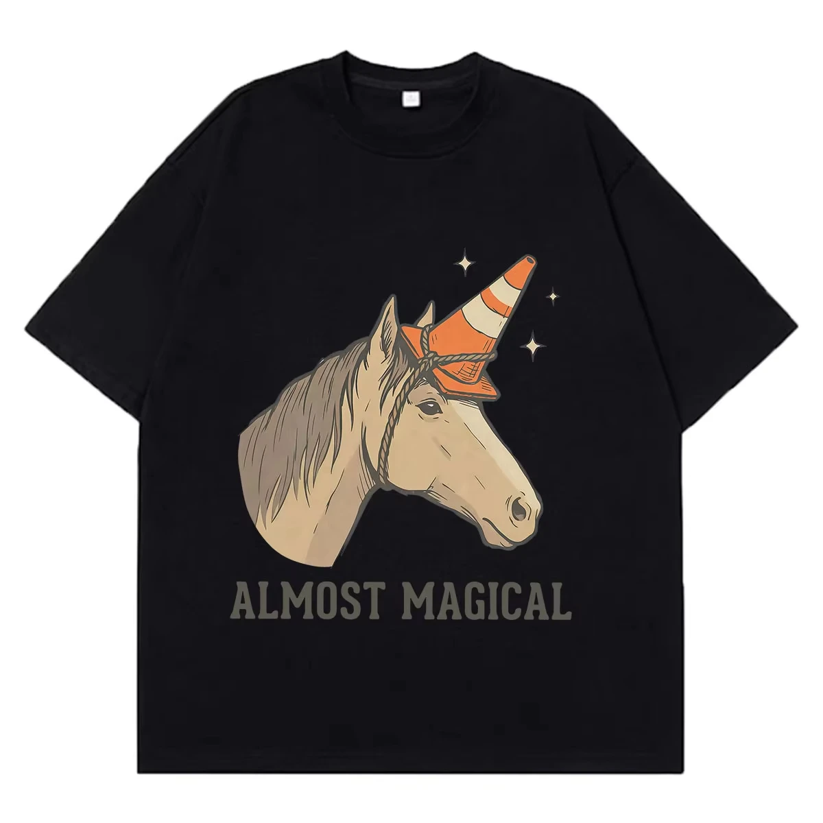 Almost Magical Funny Horse Traffic Cone Meme T-shirt Men Women Vintage T-shirt Summer Short-sleeved Loose Casual Cotton T-shirts