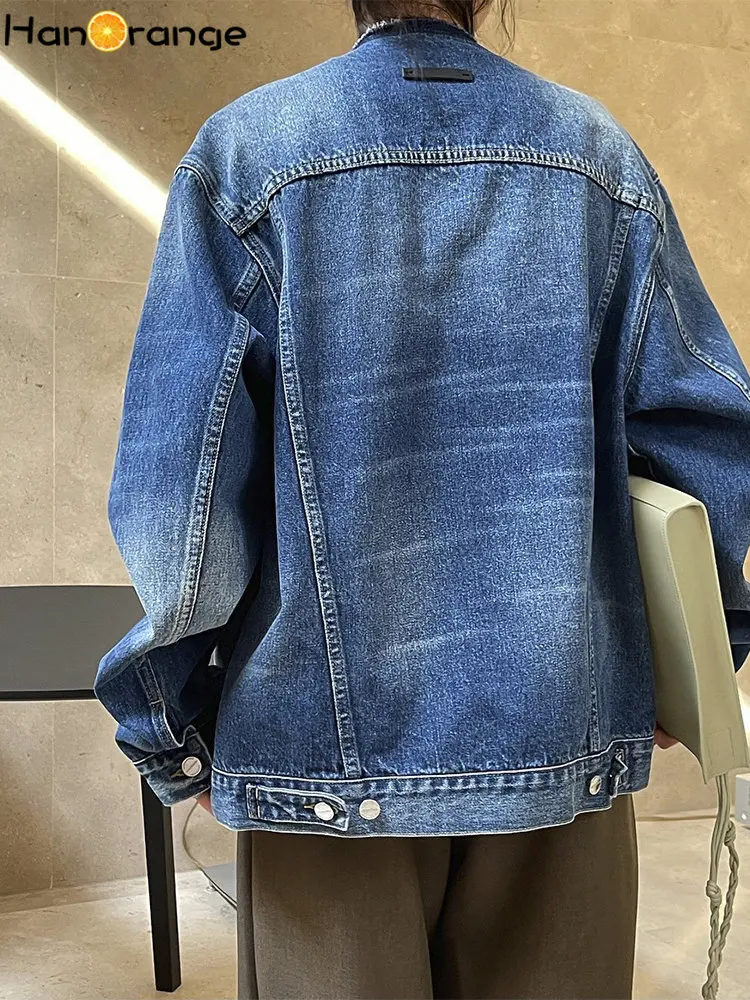 HanOrange 2024 Spring Fashion Collarless Denim Jacket Women Loose Silhouette Casual Washed Outwear Female Blue Denim