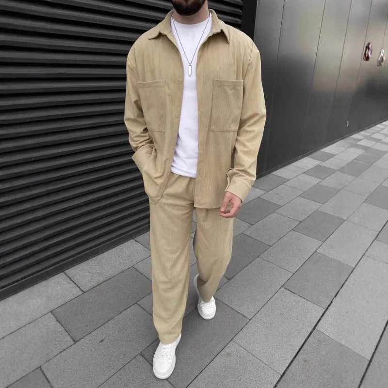 

2024Spring and Autumn European and American=Men's Corduroy Long Sleeve Jacket and Casual Pants Set