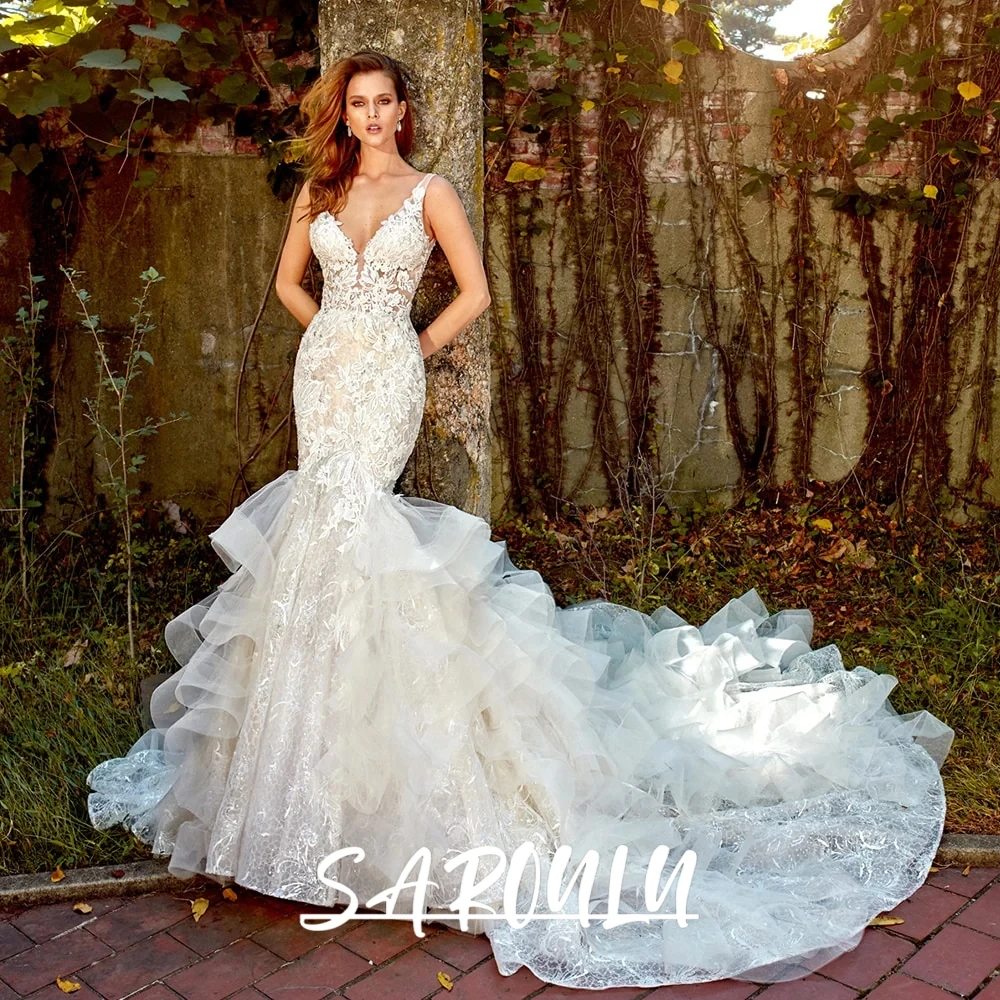 Romantic Lace Mermaid Wedding Gown Deep V Neck Backless Classic Bridal Dress With Ruffled Tulle Train For Outdoor Weddings