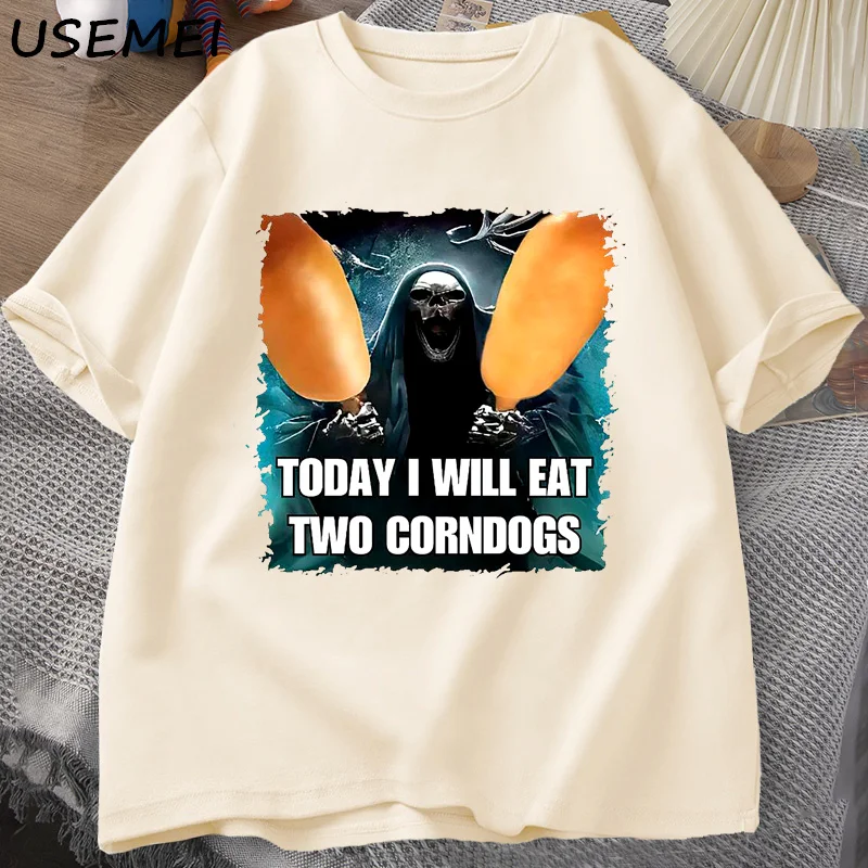 Evil Skeleton Meme T Shirt Women Men Today I Will Eat Two Corn Dogs Tshirt Oversized Cotton Short Sleeve T-shirt Unisex