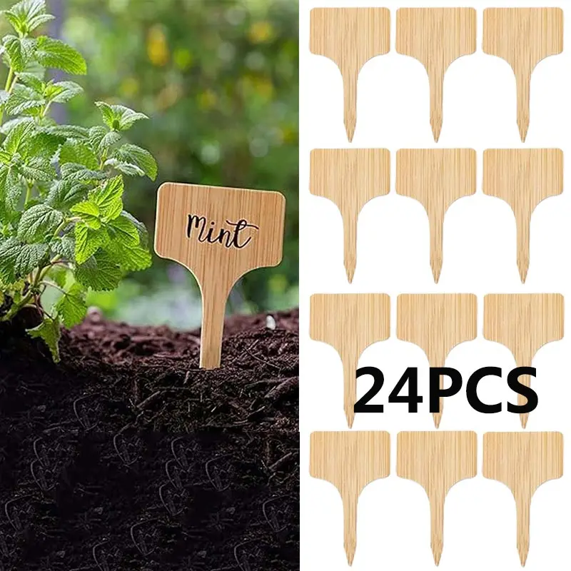 

24Pcs/set T-Type Wooded Plant Markers Flowers Vegetables Plant Labels Creative Garden Pots Bamboo Tags Waterproof Signs Card