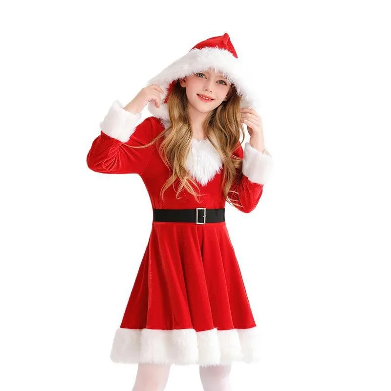Christmas Cosplay Costume Long Sleeve Red Hooded Dress Accessories Suits Festival Theme Party Role Playing Outfits for Girls