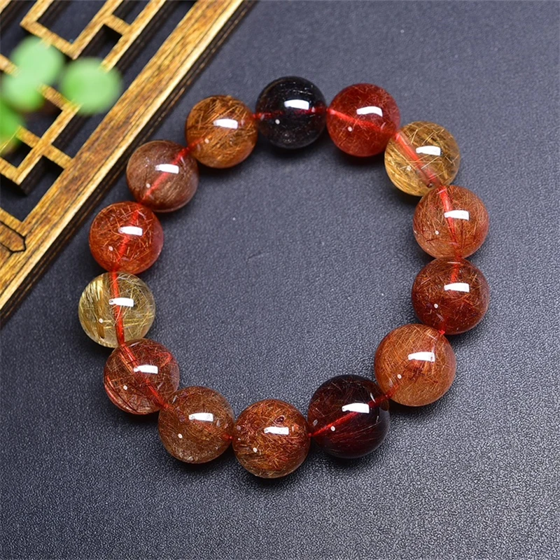 16MM Natural Colored Rutilated Quartz Bracelet Healing Crystal Beads Elastic Charm Bracelets for Women Energy Jewelry Gift