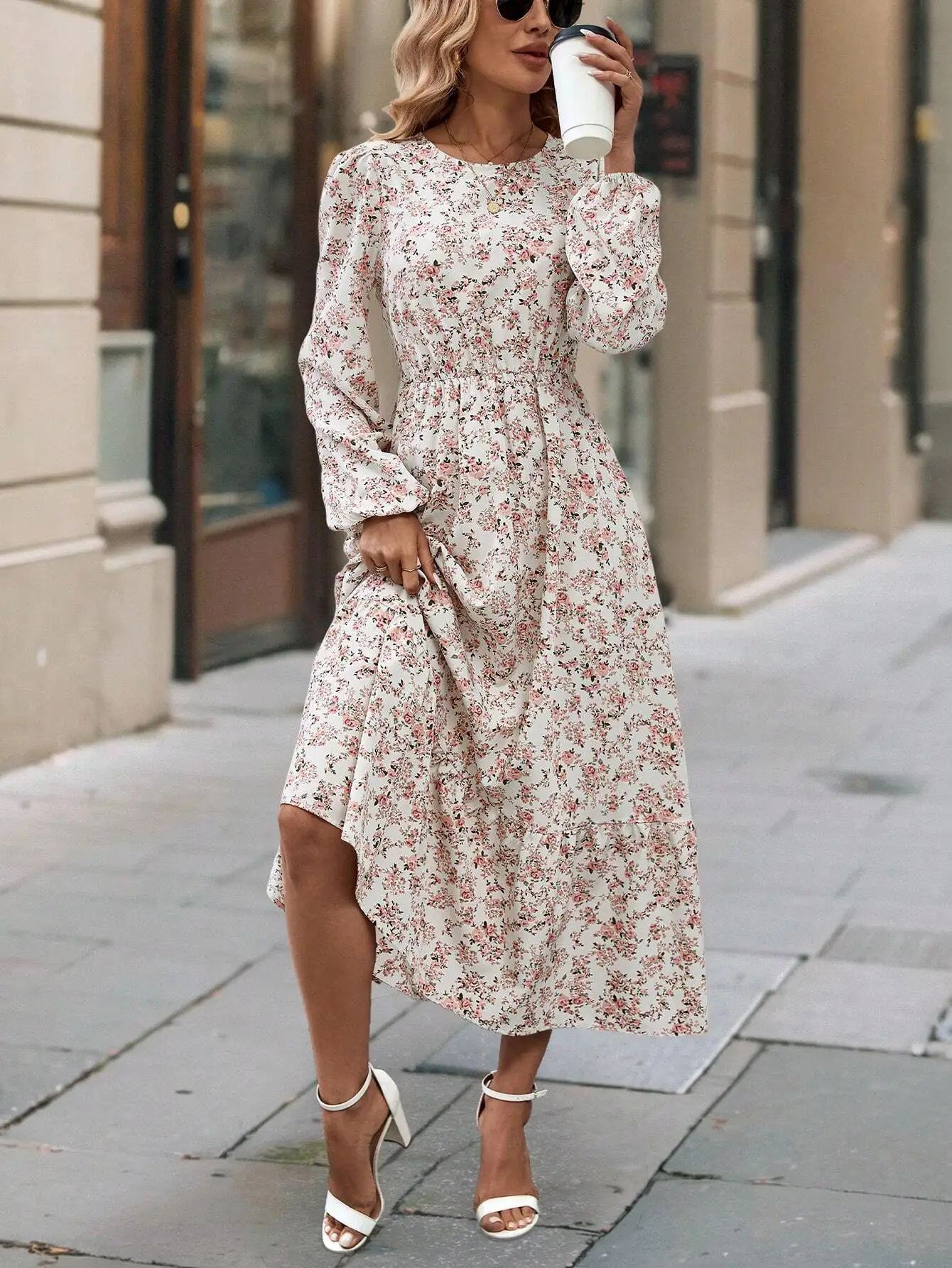 

Women Round Neck Floral Long Sleeve Midi Dress Casual A-Line Holiday Outfit