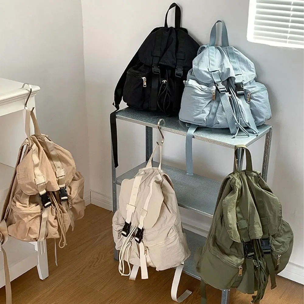 

Trendy Solid Color Drawsting Backpacks Light Weight Large Capacity Ruched Shoulder Bags Casual Nylon Student Schoolbag Outdoor