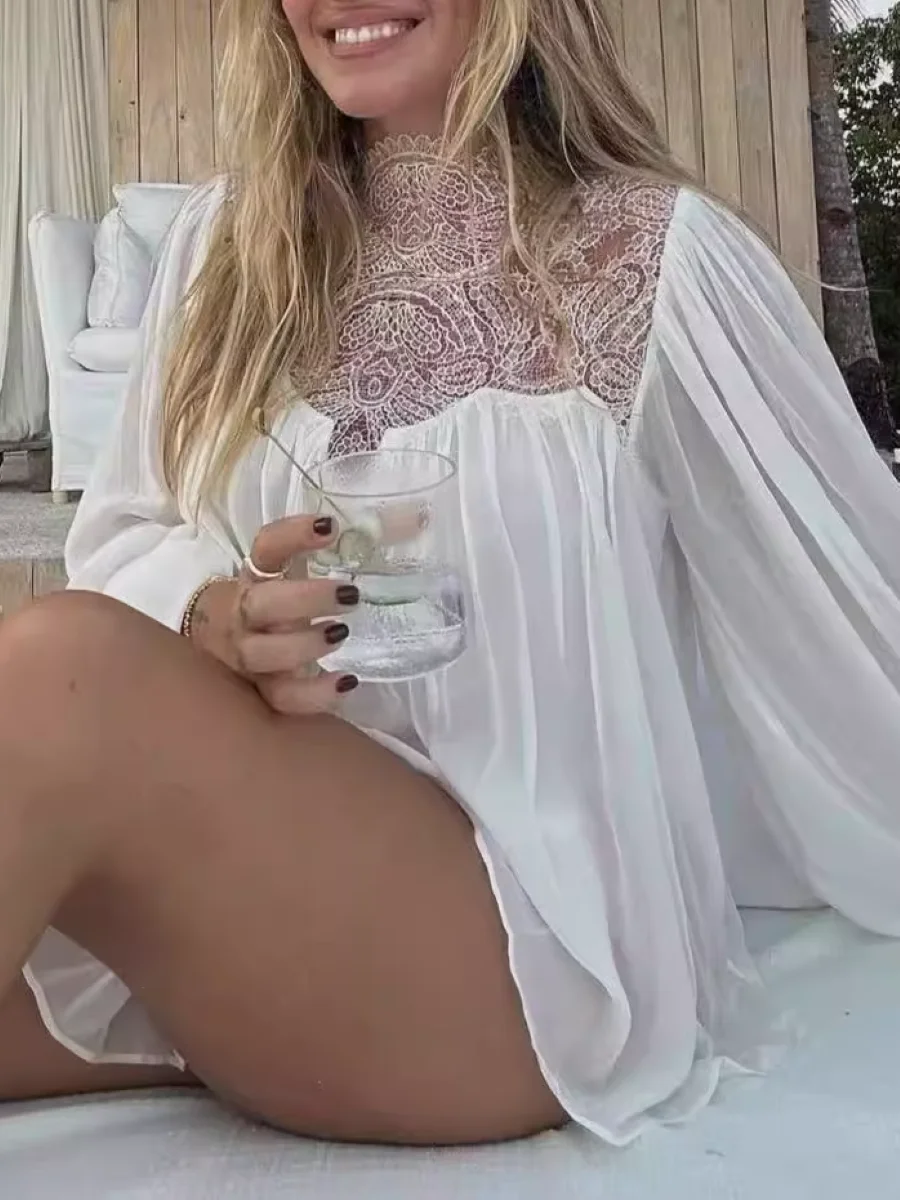 

Lace Embroidery Hollow Out Women Chiffon Shirt Stand Collar Lantern Sleeve Elegant Ladies Blouse Top