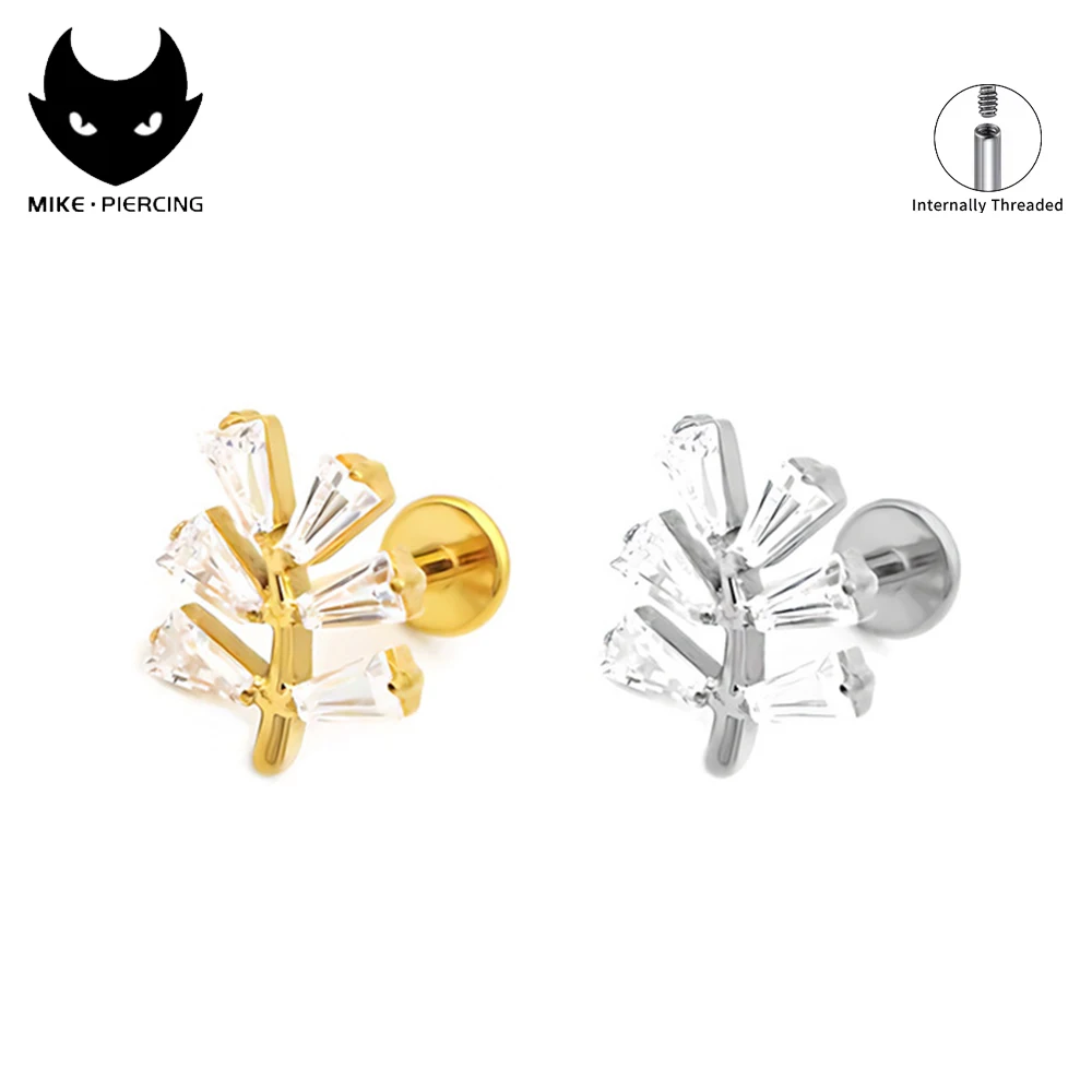 

ASTM F136 Titanium 16G PVD Electroplated 18k Gold CZ Leaf Shaped Cartilage Helix Conch Lobe Ear Piercing Flat Back Earring