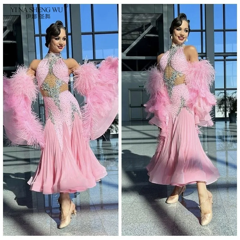 모던 댄스 공연 의상 여성 맞춤형 시니어 AB 스톤 피쉬테일 드레스+고급 깃털 소매 볼룸 댄스 드레스