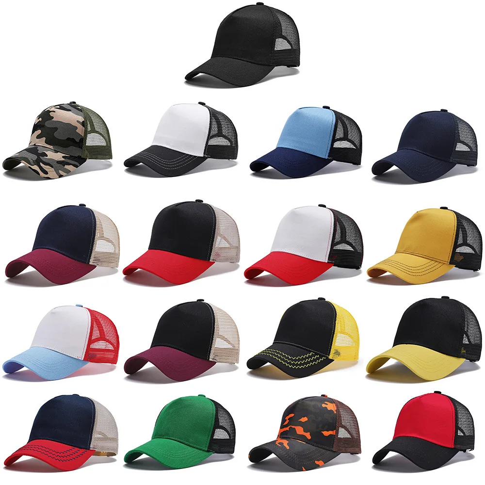 Custom Logo Print Basic Solid Color Mesh Breathable Baseball Cap Summer Sunshade Mesh 5 Panels Truck Driver Cap Wholesale