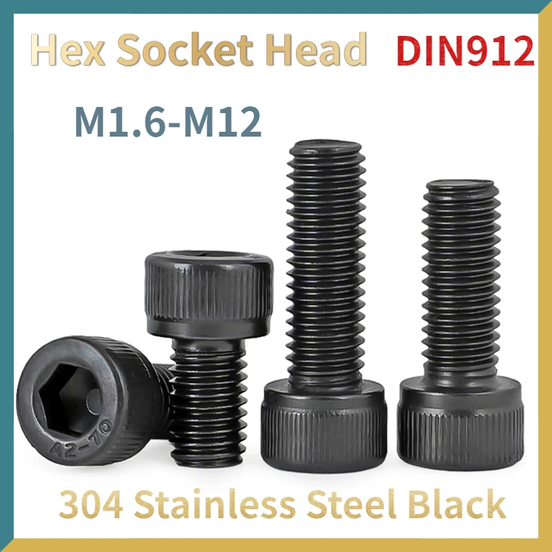 2~50pcs Black Galvanized 304 Stainless Steel Hexagon Hex Socket Head Cap Bolt Screw DIN912 M1.6 M2 M2.5 M3 M4 M5 M6 M8 M10 M12