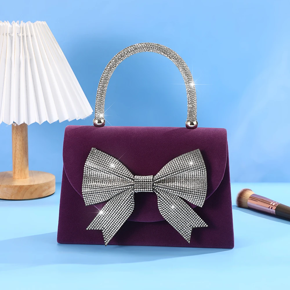 

High-end velvet rhinestone bow handbag - Elegant evening party clutch bag - Formal event gathering tote bag - Dress-up handbag