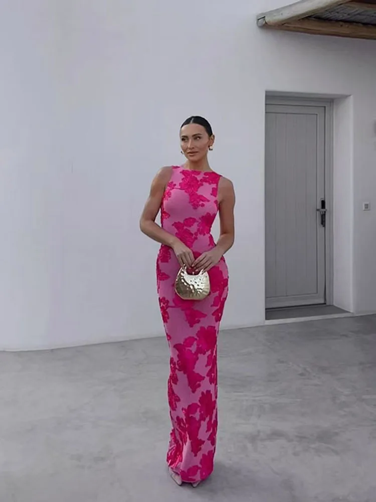 2026 Abito lungo estivo per le vacanze al mare Donna Elegante chic O collo senza maniche Abiti maxi aderenti con ricamo in rete rosa