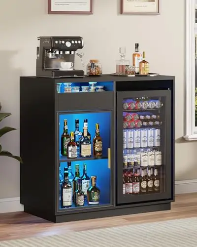 39" Coffee Bar Cabinet with Mini Fridge Space & LED Lights, Black | Mini Fridge Cabinet with Drawer & Storage Cabinet