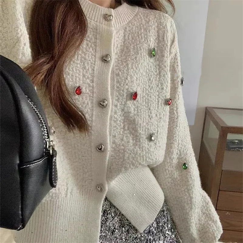 Gagarich coreano dolce colorato chiodo perline intarsiato diamante Cardigan lavorato a maglia donna 2024 nuovo autunno giacca maglione corto