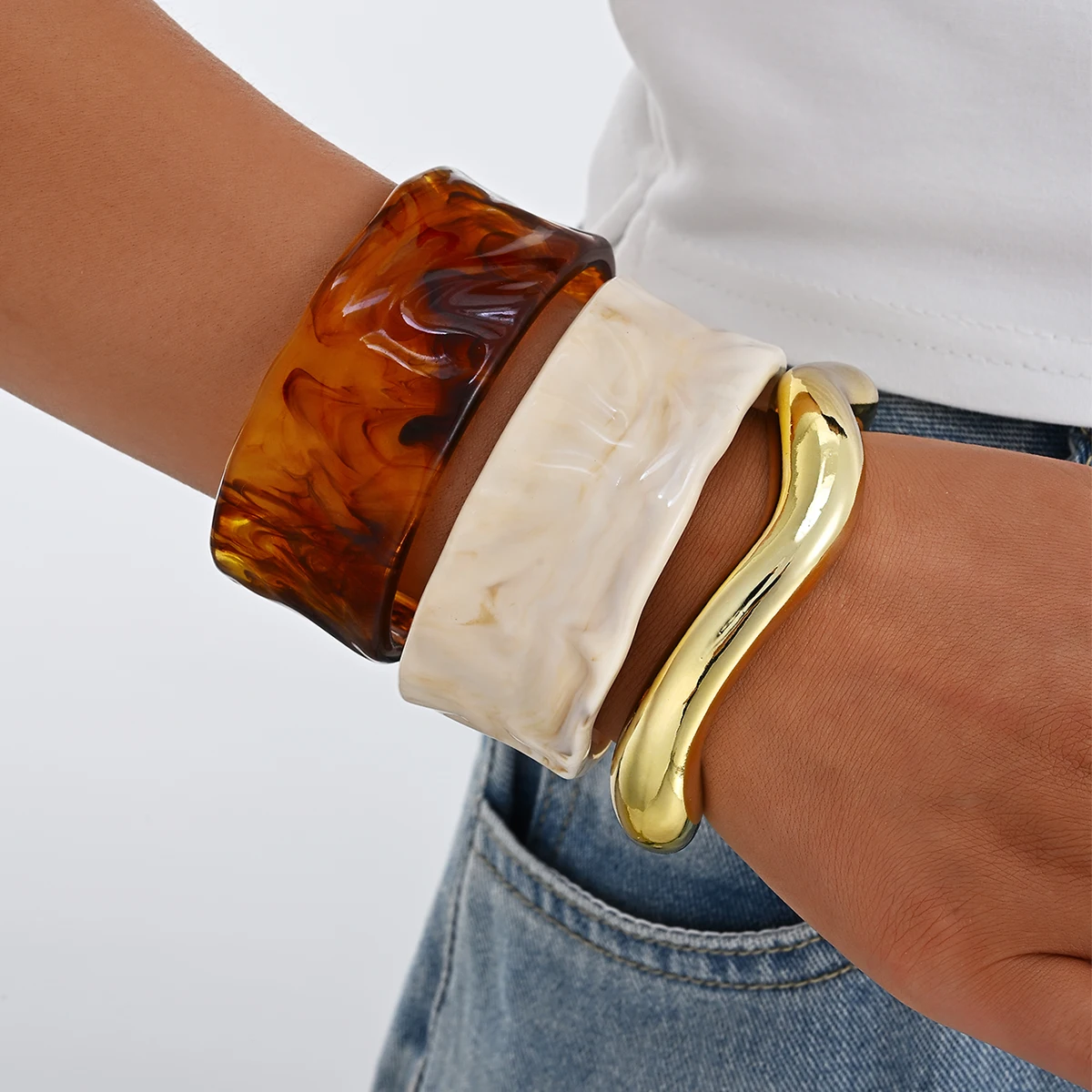 3pcs Chunky Wide CCB Resin Bangle Bracelet Set, Statement Jewelry