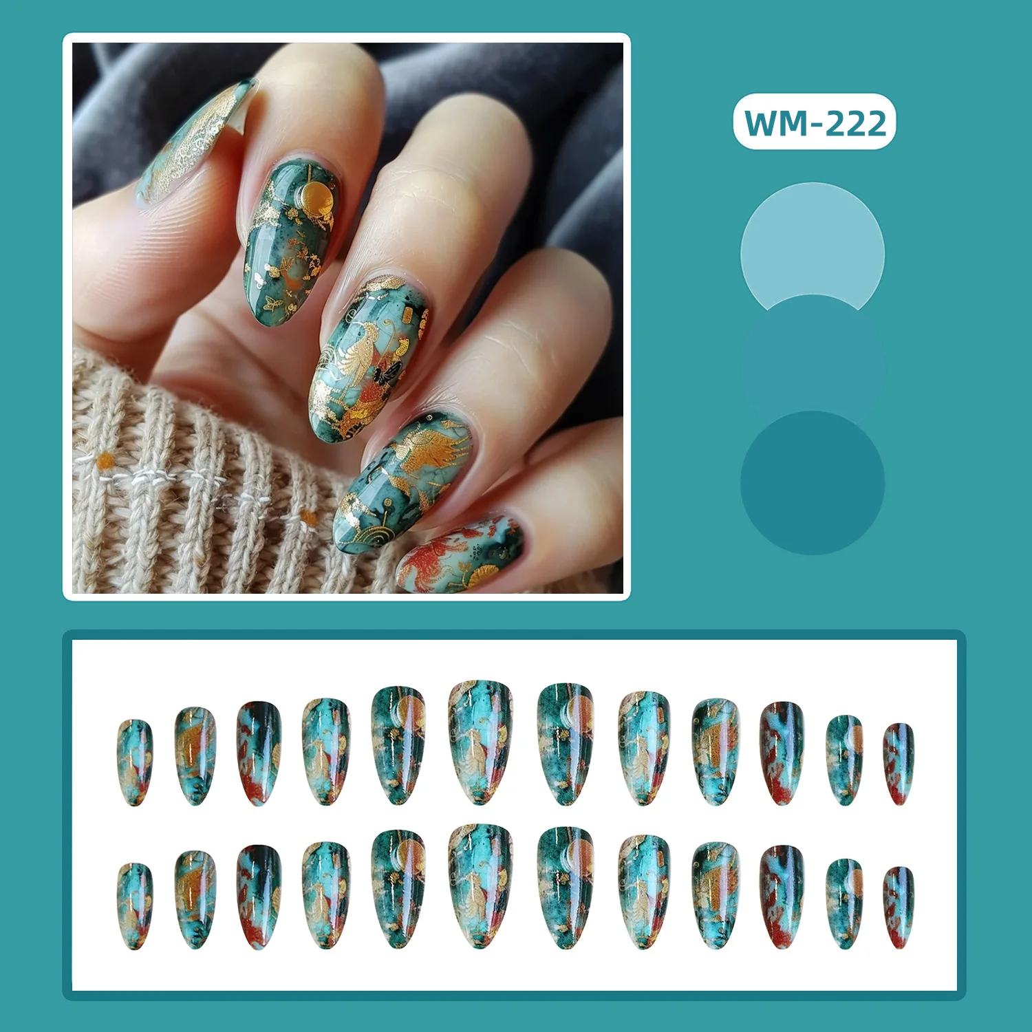 24Pcs Green Marble Press on Nails Foil Phoenix Koi Fish Print Glossy False Nail  Medium Almond Fake Nail for Women&Girl