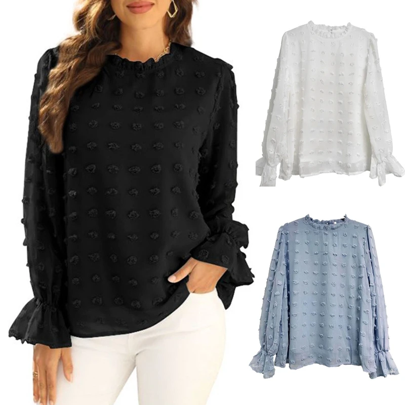 

Women Puff Long Sleeve Chiffon T Shirts Ruffled Mock Neck Swiss Dot Jacquard Blouse Solid Color Casual Loose Keyhole Back Tops