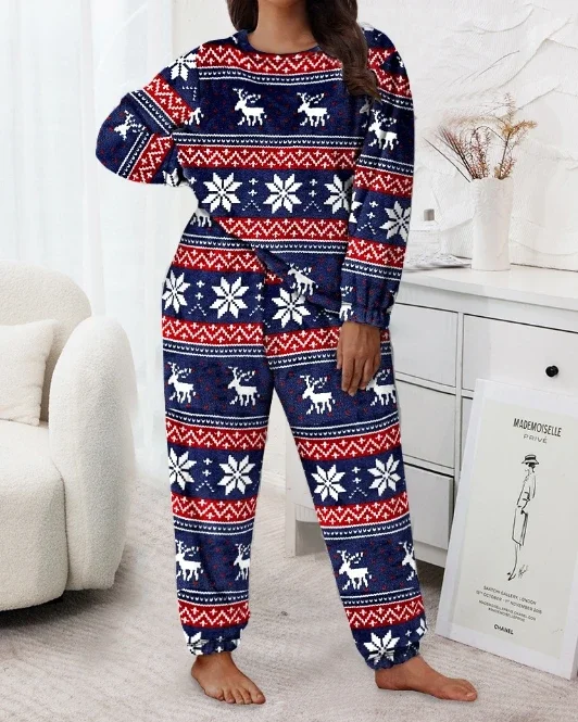 

Christmas Snowflake Print Women Two Piece Set O-Neck Long Sleeve Pullover+Loose Trouser Women's Winter Underwear Oversize