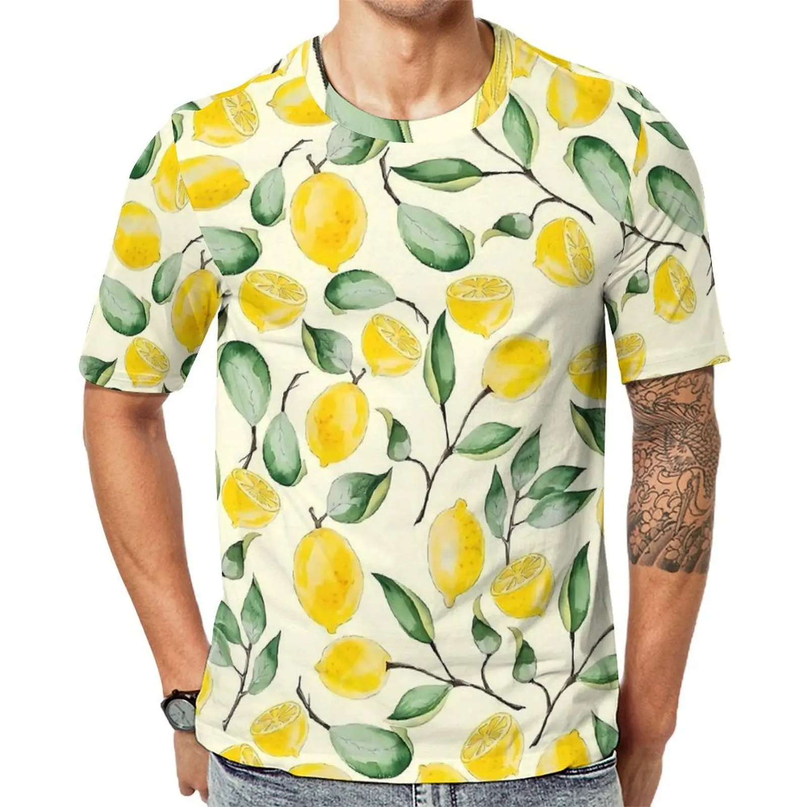 Fruit Print T Shirt For Men Watercolor Lemon O Neck T Shirts Premium Popular Clothing Short Sleeve Casual Plus Size Tee Shirt
